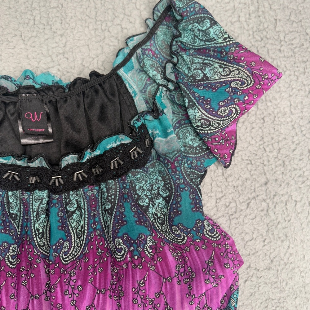 Wrapper boho paisley peasant top beaded flutter sleeve blue pink size XL Y2K - Picture 4 of 8